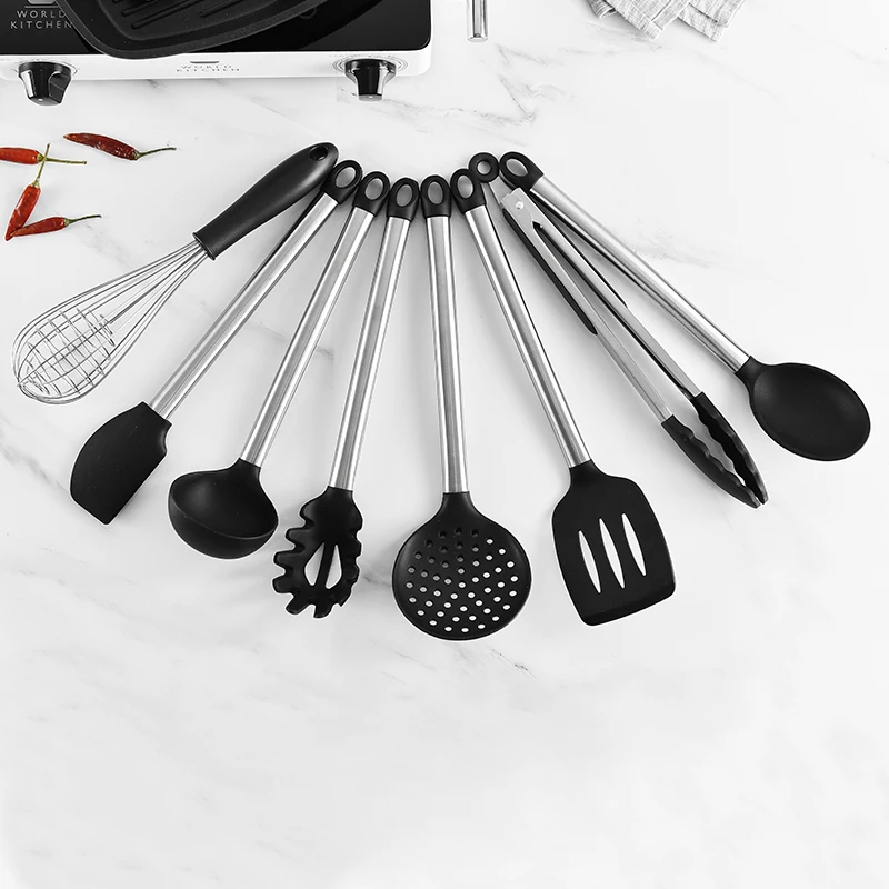 8Pcs Home Kitchen Accessories Silicone Kitchen Utensils with Stainless Steel Handle