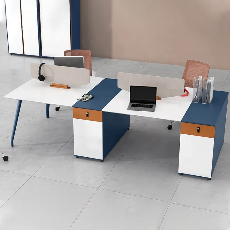 White Blue Modular Office Workstation 4 Pax Workspaces With Storage