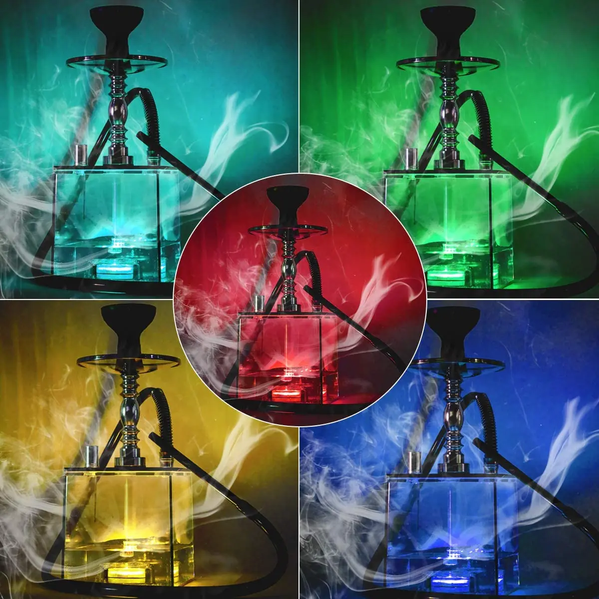 China Hookah Shisha Set Cube Modern Shisha include Vulcan HMD Silicone Phunnel Bowl Silk Pipe Coal Tongs Remote LED