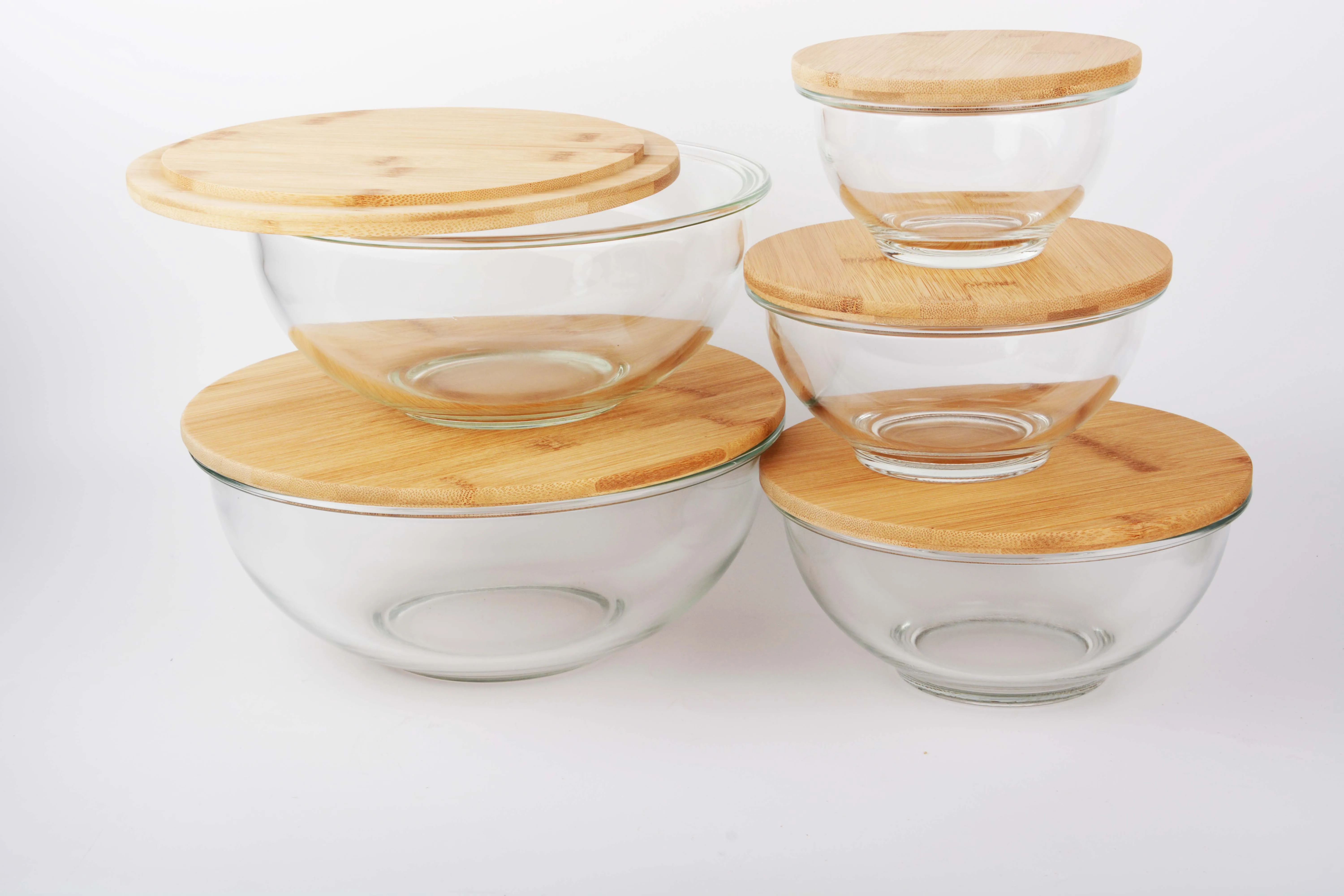 Eco-Friendly Oven and microwave safe  6 pcs glass Salad Bowls With Cover bamboo lid Mixing Salad Set