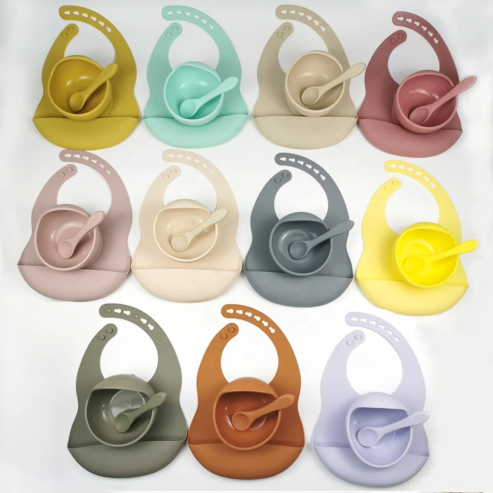 Eco-Friendly Soft Round Bottom Baby Bibs Wholesale Customized Silicone Suction Bowl Baby Silicone Spoon Kids Tableware Set