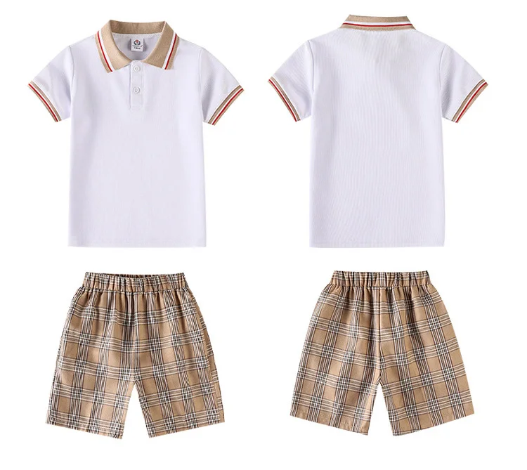 custom kids polo t-shirt plaid skirt shorts high middle primary kindergarten school uniform for kids boys girls