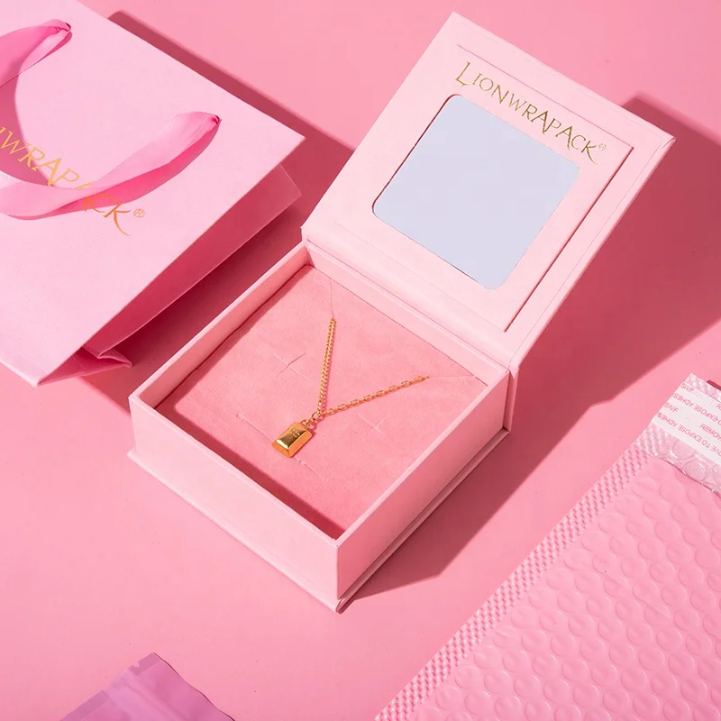 Custom Logo Luxury Jewelry box with Mirror Paper Packaging Design Jewellery Necklace Ring Gift Set Package Boxes with Bag