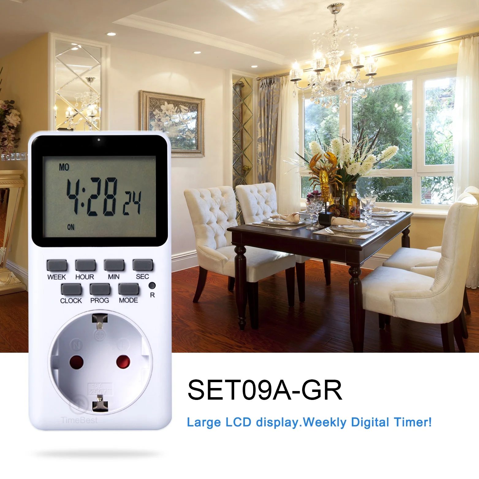 LCD 230V 16A 8ON/OFF Display Digital Timer Plug with Socket Standard Grounding with Rechargeable Battery