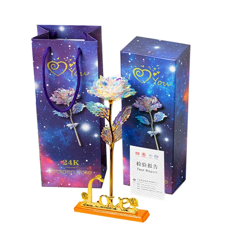 Wholesale Artificial Flower Rainbow Galaxy Rose 24k Gold  With LED Light for Unique  Gifts
