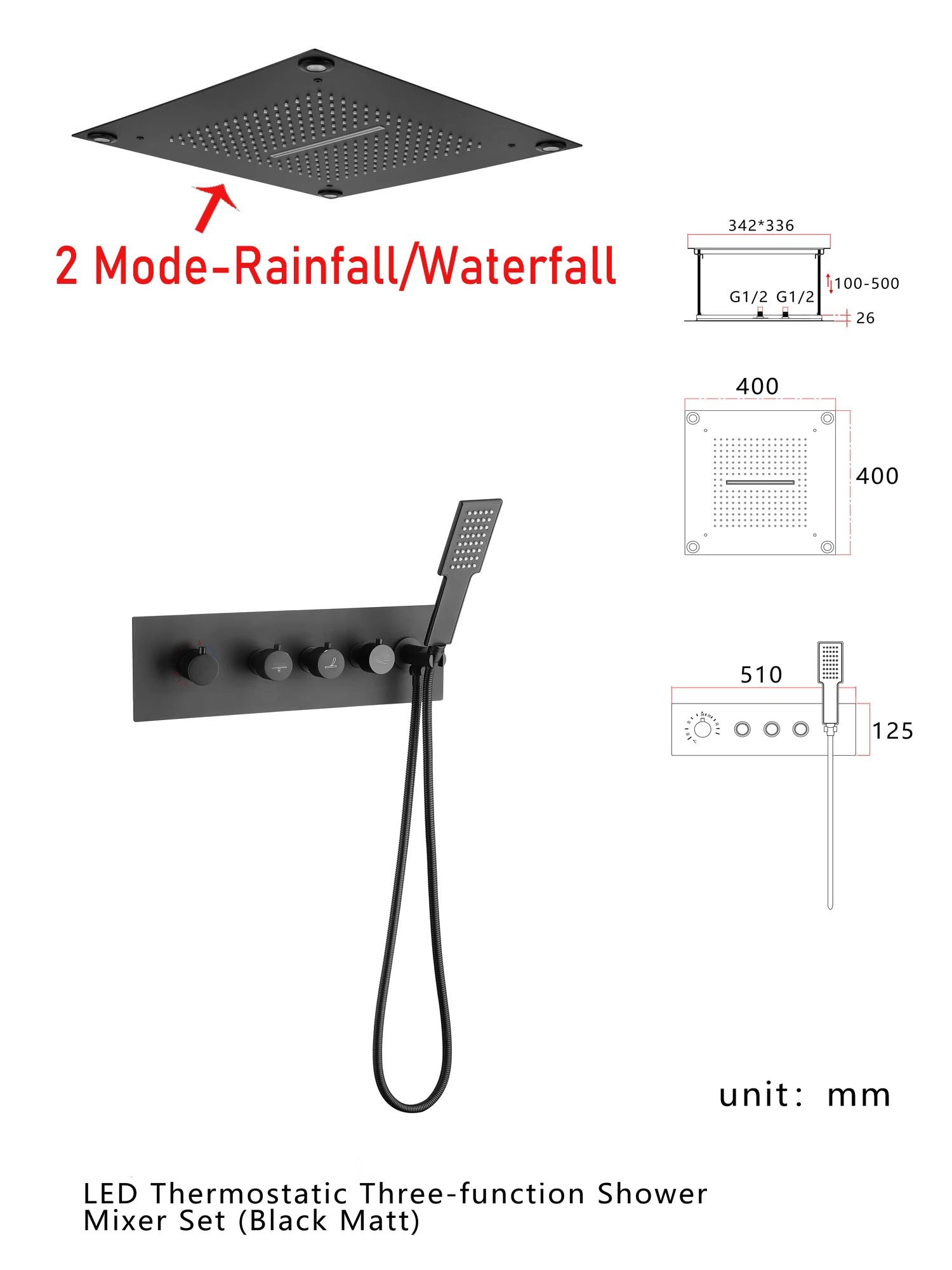 Luxury Thermostatic Big Shower Set LED Rainfall Waterfall Shower Head Massage Body Jets Handheld Shower