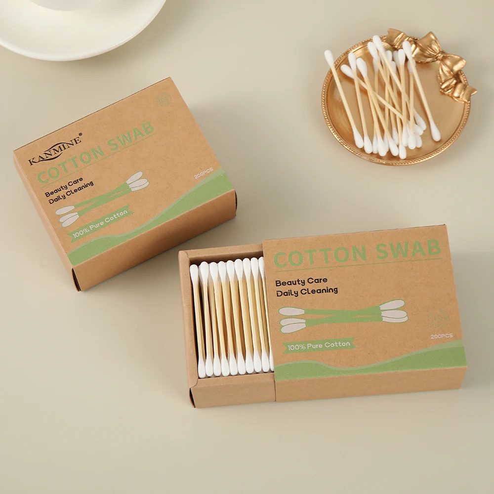 200pcs bamboo stick cotton swabs eco-friend cotton buds packed in biodegradable kraft paper box