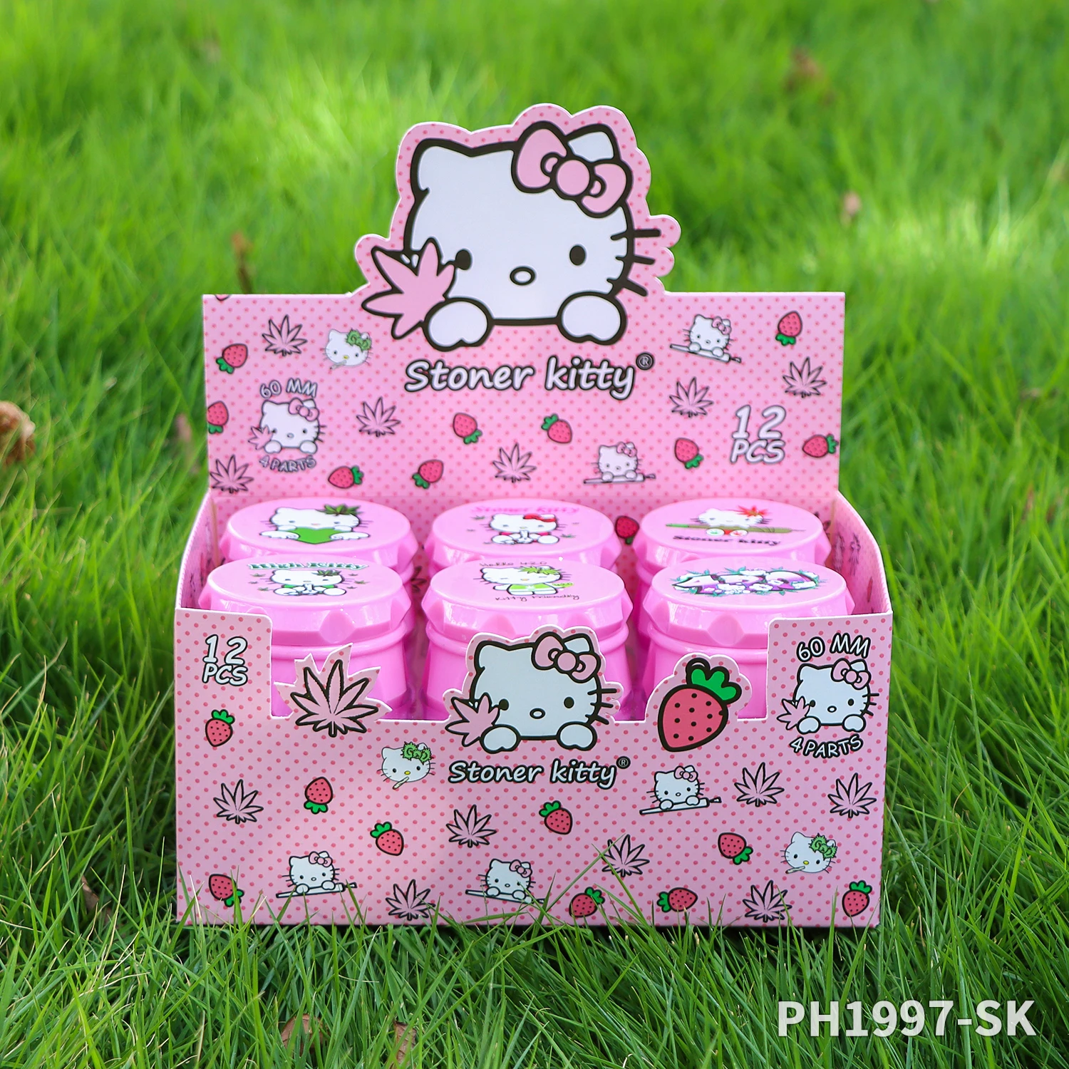 STONER KITTY Brand 60mm 4-Layer Plastic Pink Cigarette Grinder Top Cover UV Pattern Drum Shape Wholesale