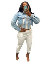 Autumn Casual Chain Decoration Outerwear New Fashion Frayed Sky Blue Single Breasted Cardigan Denim Coat Women Fall Jackets 2021