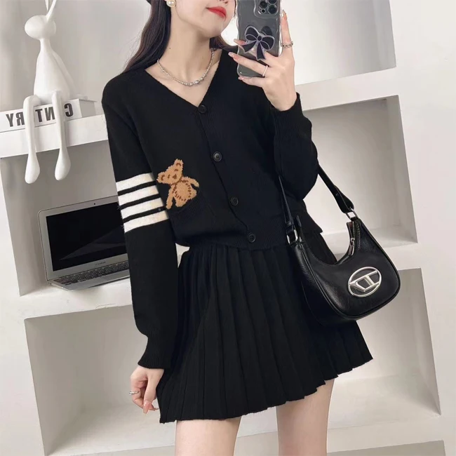 High School girls v neck short bear cardigan and mini skirt uniform twin set