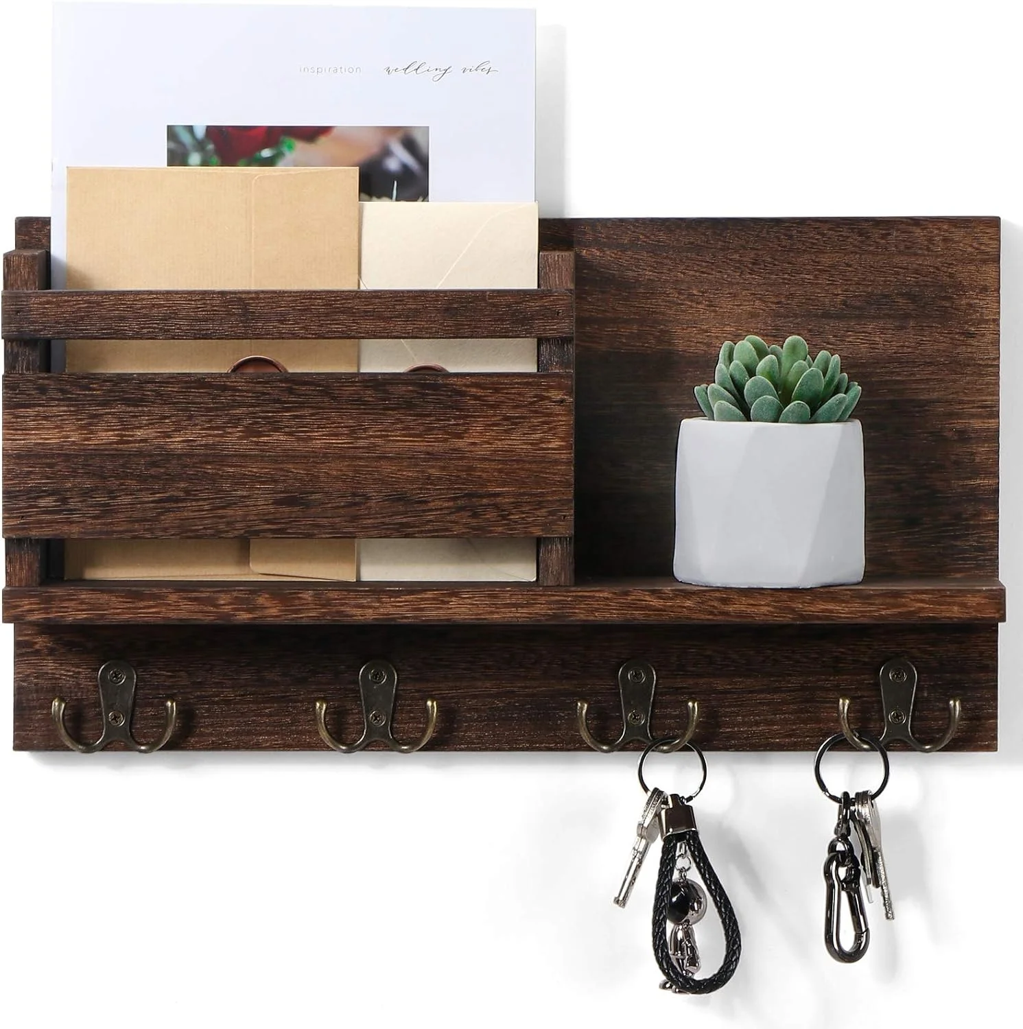 Customized Wooden Mail Organizer for Wall Mount Key Holder with Shelf Includes Letter Holder and Hooks for Coats
