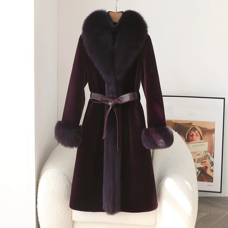 2024 Winter New Faux Mink Fur Jacket With Fox Fur Collar Warm Long Coat Parka CT408