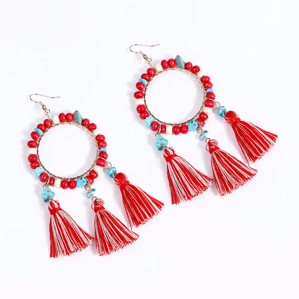 New Arrivals Handmade Woven Colored Cotton Tassel Earring Women Vintage Natural Stone Agate Wood Beads Geometric Beaded Earrings