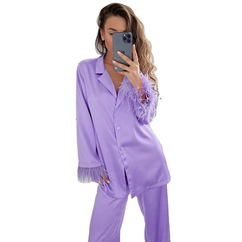 Autumn 2023 New arrivals Wholesales women pajamas with feather long sleeve satin loungewear set