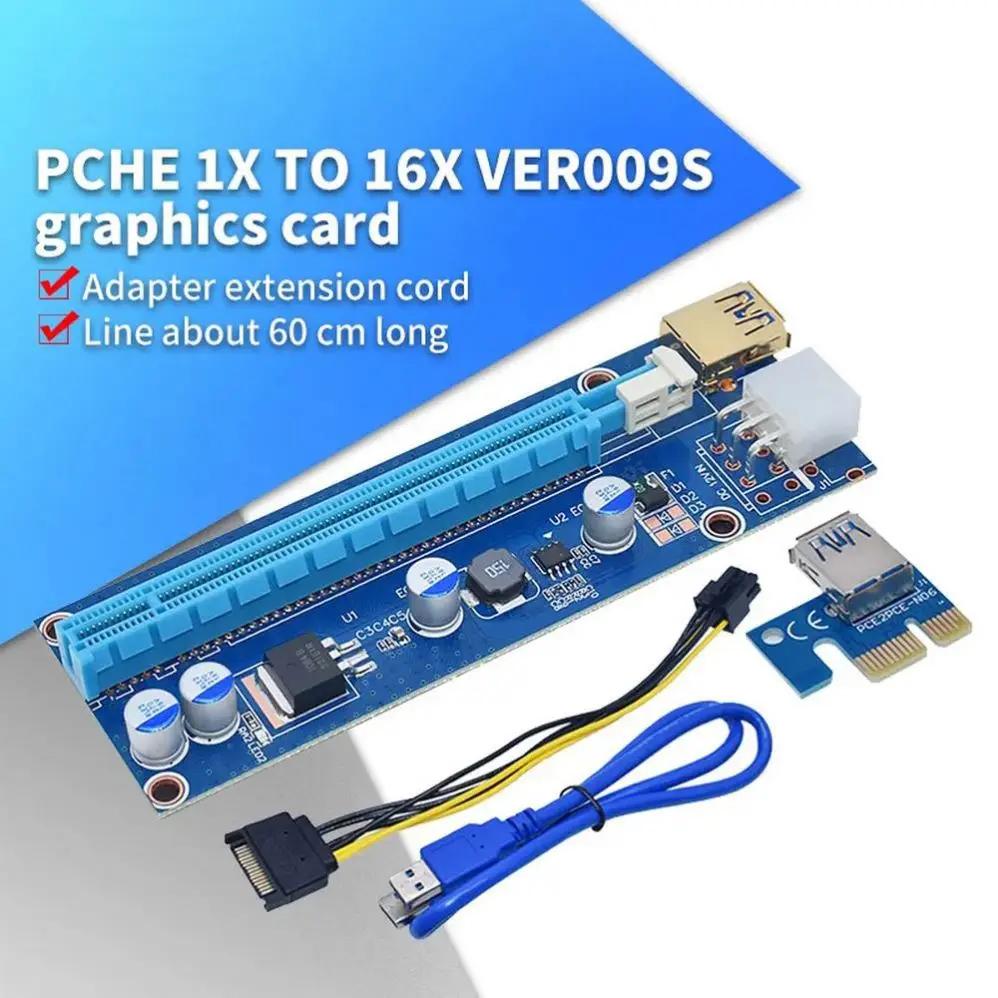 Golden 009S PCI-E Riser Card VER009 PCIE 1X to 16X Extender 6Pin Power 1M 0.6M 0.3M USB 3.0 Cable for Video Card Adapter