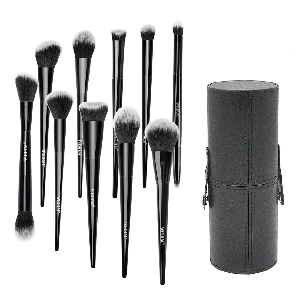 WEIRM 10 pieces custom logo vegan synthetic hair black makeup brush set private label makeup brushes with Sponge brush cleaner