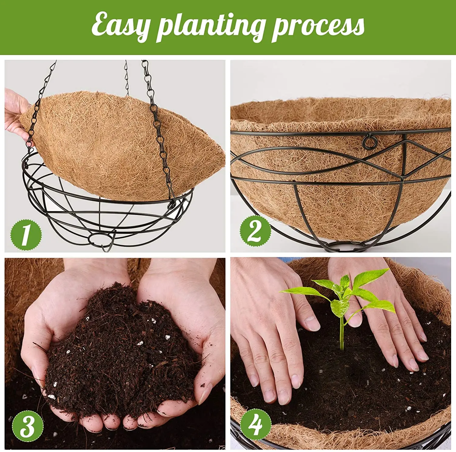 Garden Decoration Indoor Outdoor Metal Hanging Plant Basket Round Coco Coir Liner coconut Flower Pots