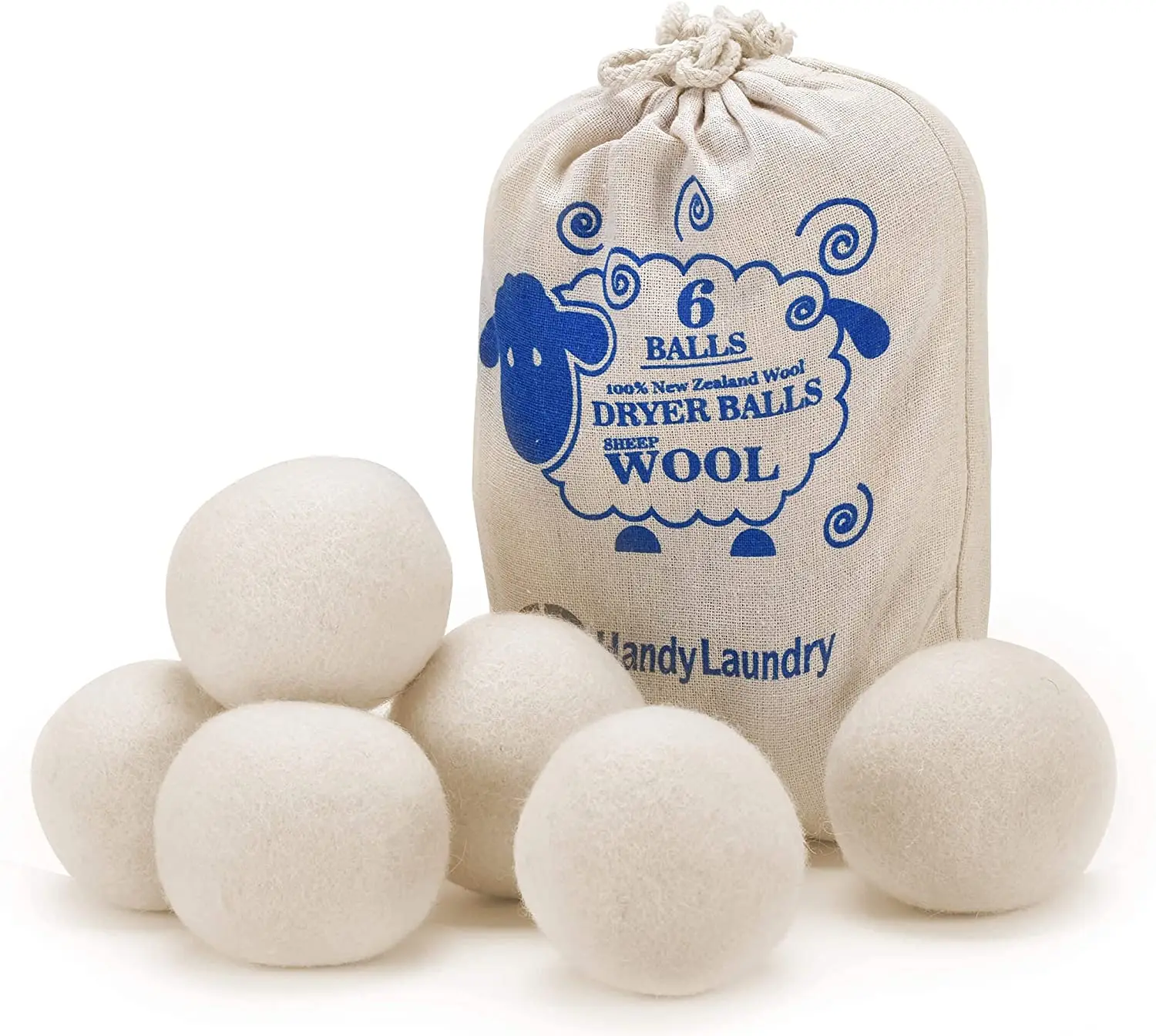 Wool Dryer Balls Organic XL 6-Pack 100% New Zealand Free Fabric Softener for Reduce Wrinkles & Shorten Drying Time Naturally