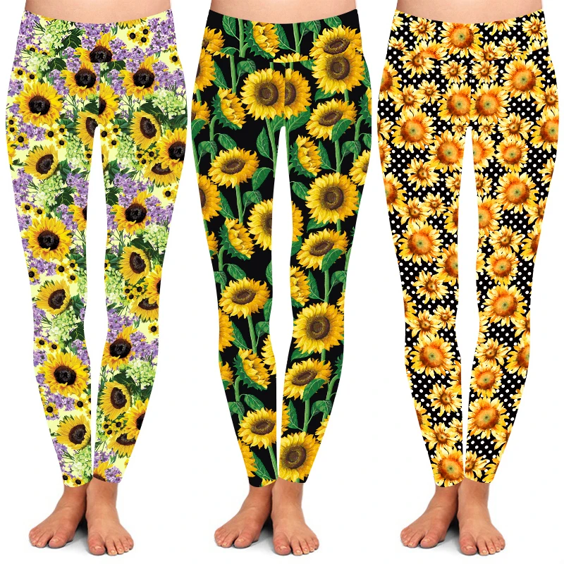OS TC 92% Polyester 8% Spandex Brown Sunflower Flowers Buds Leaf High Waist Elastic Waist Sunflower Flower Print Leggings