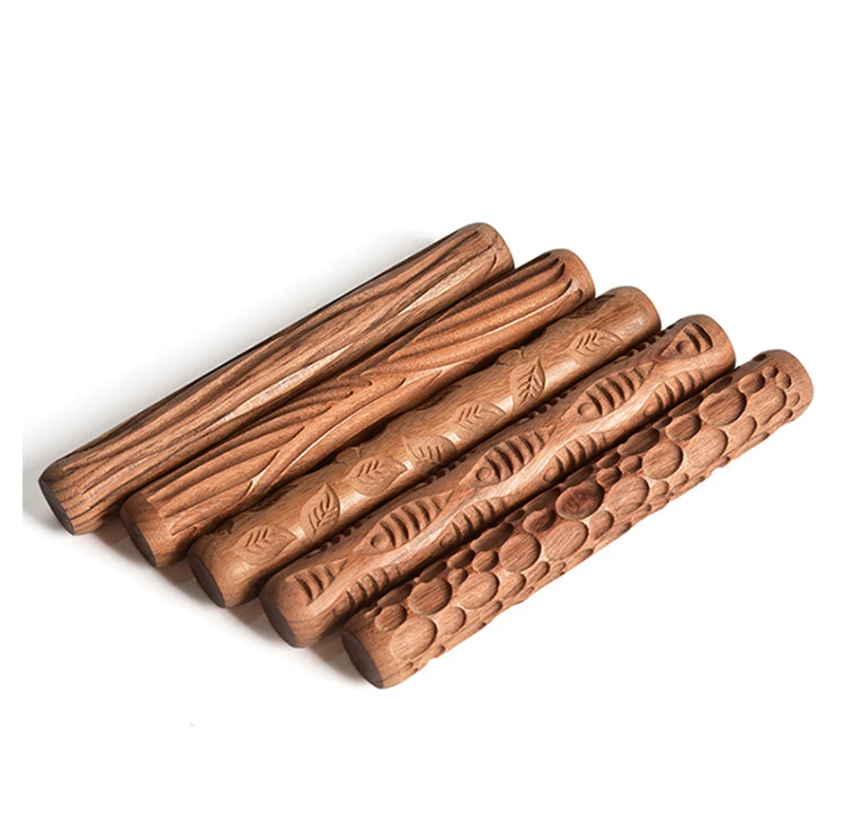 Wholesale Amazon Five Styles Embossed Rolling Pin Wood Stick For Children Art Mud Roller DIY Wooden Pottery Tools