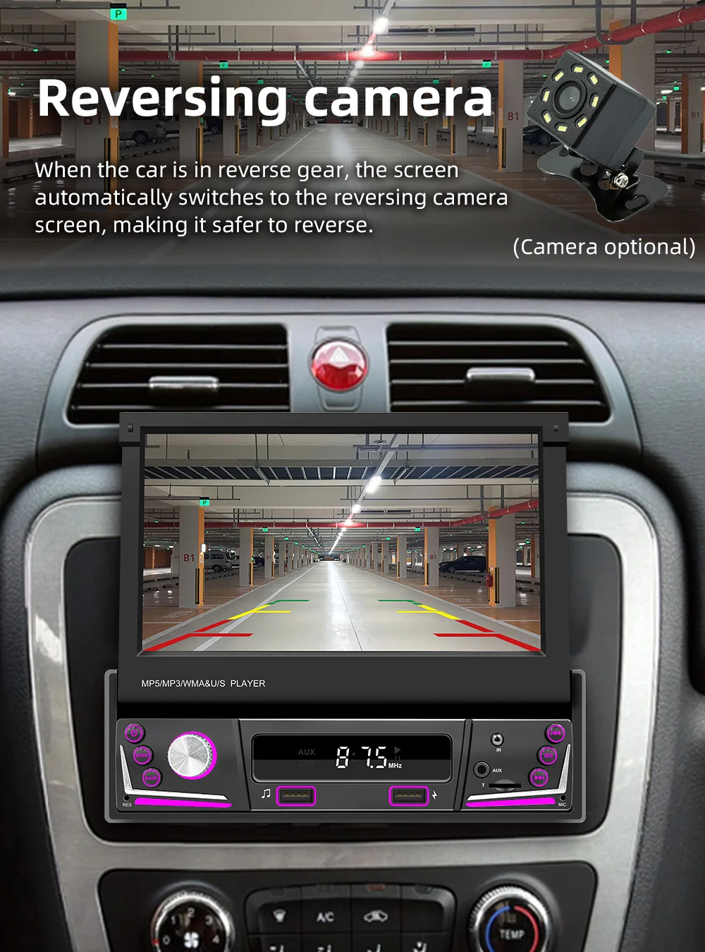 Universal 7 Inch 1 Din Car Radio Player Manual Retractable Car Stereo Wireless Carplay Mirror Link USB AUX Android Auto