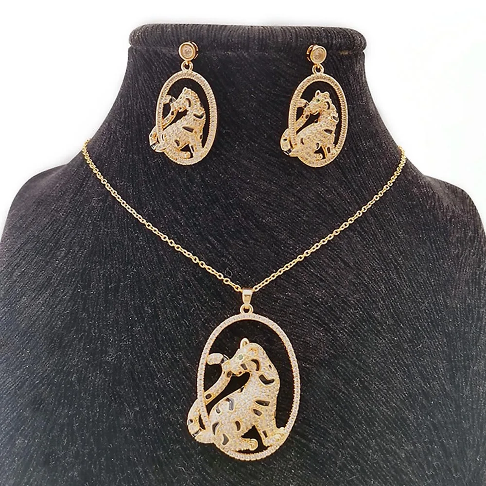 Leopard Animal Diamond Necklace Earrings Jewelry Set