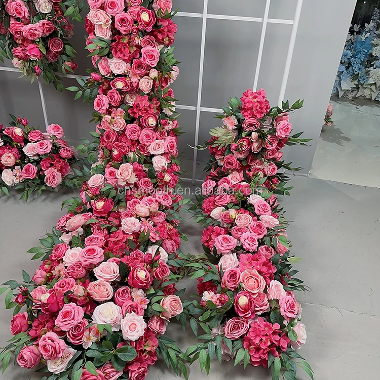 Hot Pink Artificial Flower Runner Wedding Supplies High Quality Rose Floral Panel Table Centerpiece Flower Runner
