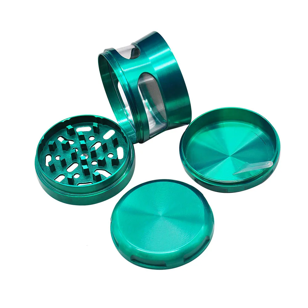 Wholesale Custom Logo Zinc Alloy Metal Green Black Color With Observation Window 63MM 4 Parts Herb Grinder Pepper Mill Crusher
