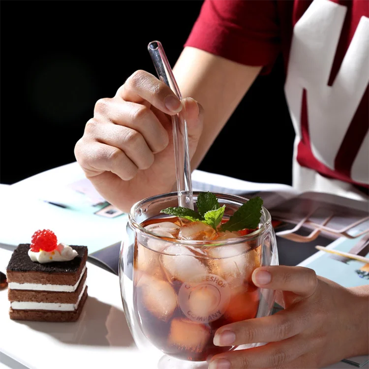 High Capacity Cups Heat Resistant Borosilicate Double Wall Glass Cup with Straw