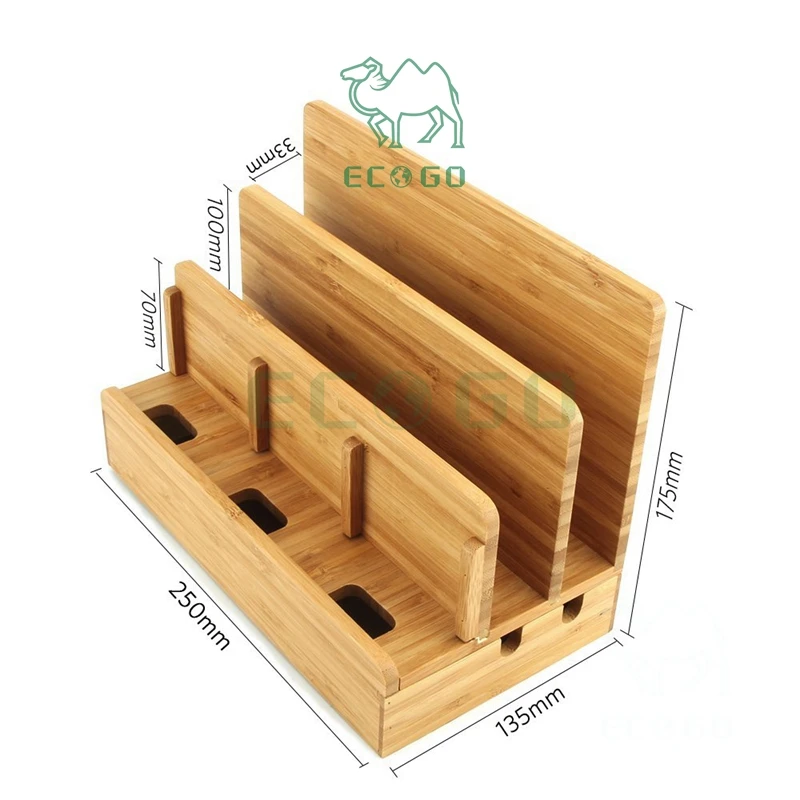 Bamboo Phone Charging Station Wood Desktop Cord Organizer Dock Station Tablet Stand Holder with 3 Slots for Electronic Devices