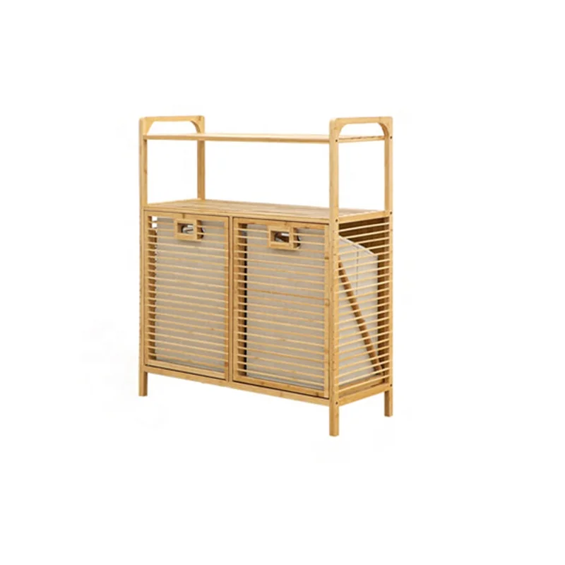Wholesale factory outlet Bamboo organizer racks bathroom shelf  wooden storage shelves Dirty Clothes Basket