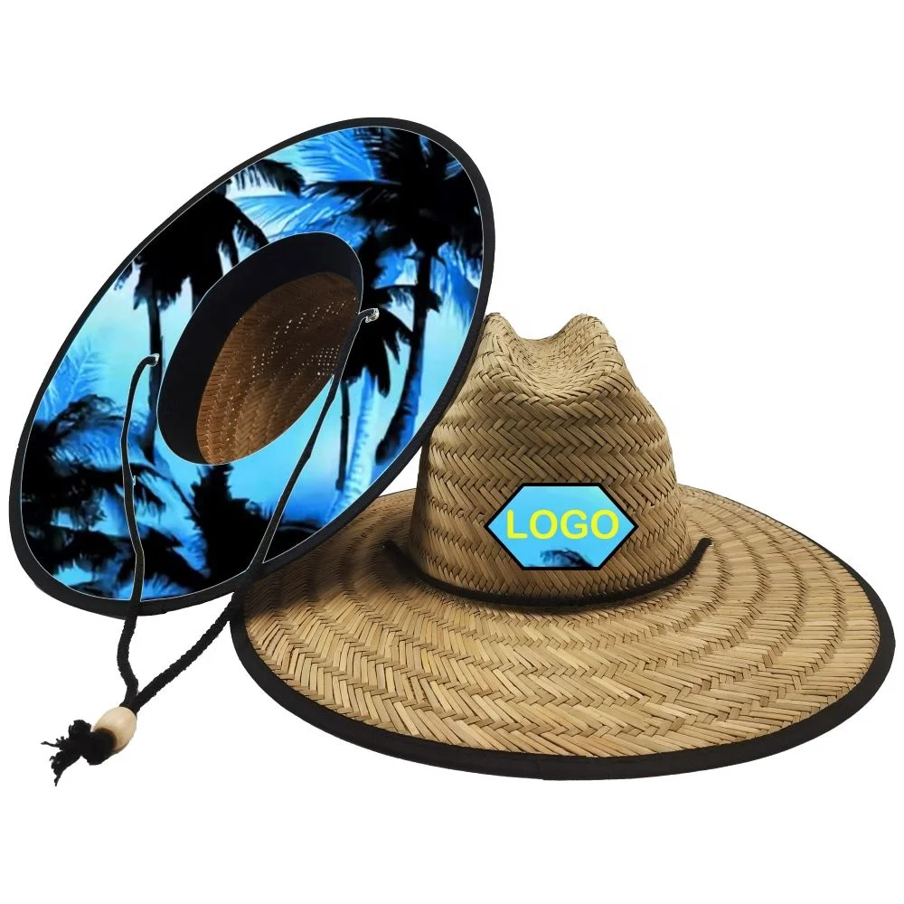 wholesale printed underneath buy bulk summer sun beach fishing surf big wide brim Tomboy Straw Hat with chain strap
