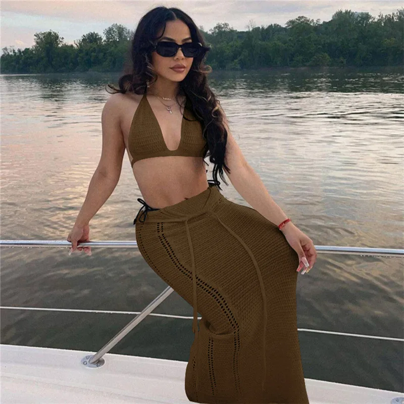 Summer Solid Color Knit Matching Set Skirt Outfit Crochet 2 Piece Sets Women