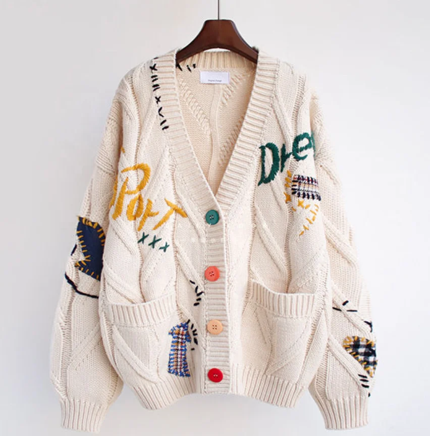 
Plus Size Women Warm Knitted Cardigan Embroidered Pocket Jacket Knitted Cardigans Coat Loose Sweaters Spring Autumn Winter 2021 