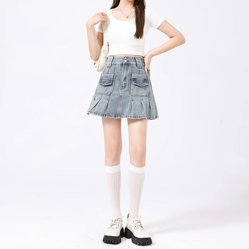 73% Cotton 18% Polyester 9% Viscose Pockets Manufacturer Wholesale Girls Straight Silhouette Sexy Denim Mini Skirt