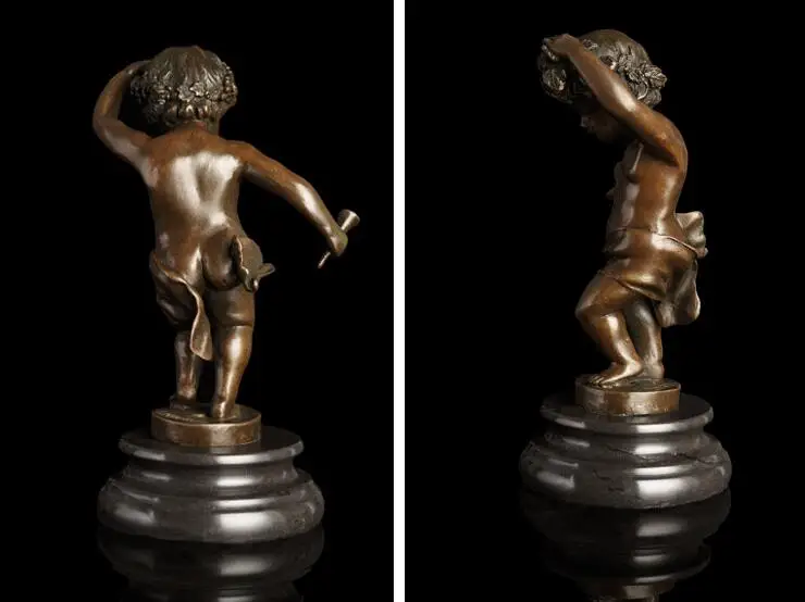 ArtsHom DS-281 Bronze Handmade Happy Boy Dance Sculpture Kids Statue Bronze Green Vintage Western Art Figurine for Home deco