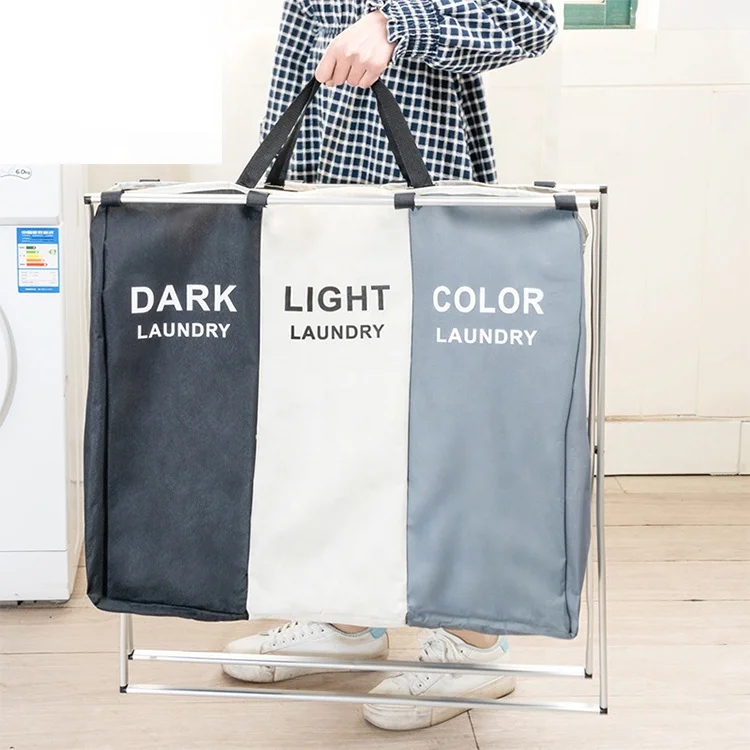 Black Gray Dirty Clothes Washing Storage Laundry Hamper 3 Compartments For Dorm Room