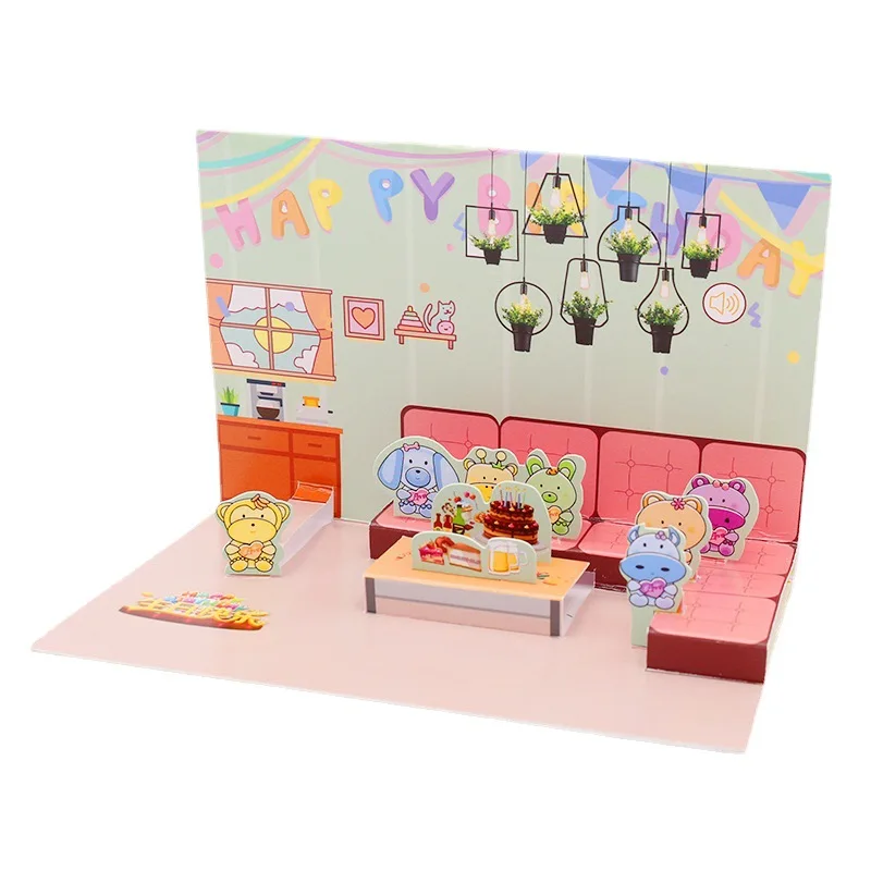 Custom Handmade Unique Music LED Decorating Kids 3D Pop Up Happy Birthday Greeting Cards With Envelopes