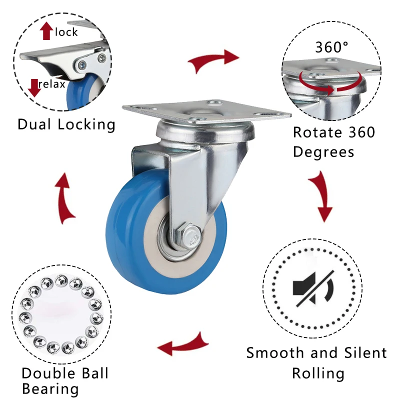 Blue rubber PVC light duty furniture office chair caster wheels