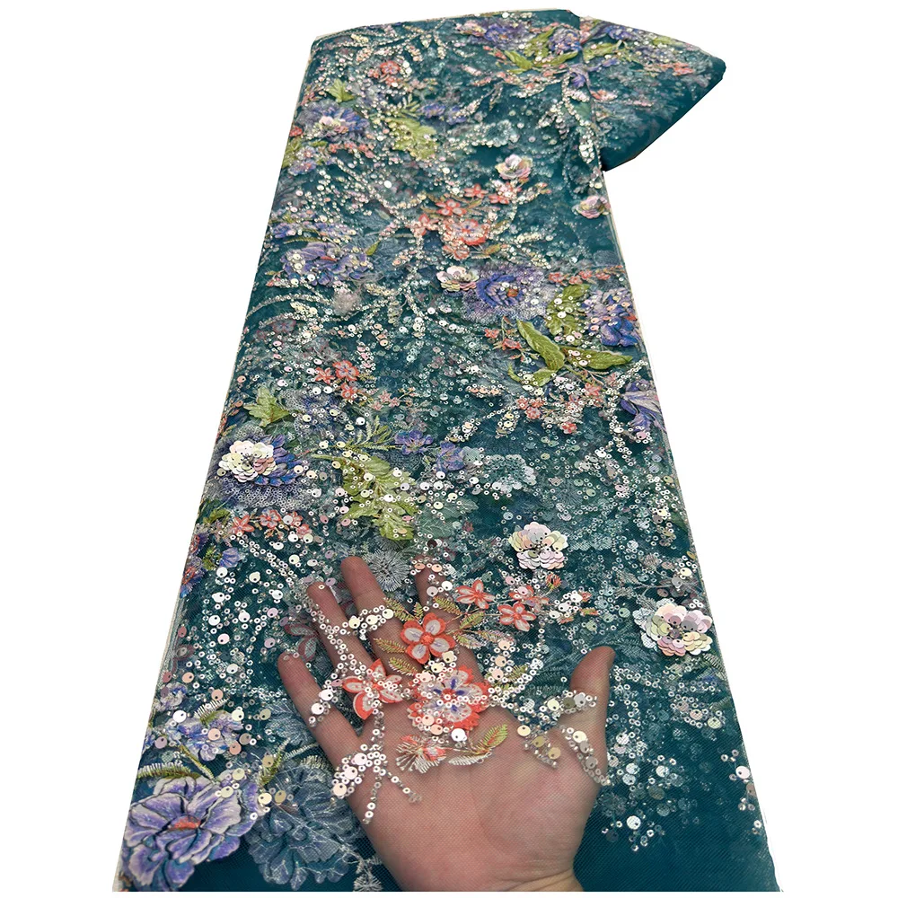 100% Polyester fabric Tejidos bordados colorful sequin 3d Embroidery lace Nigerian Lace Fabric for wedding Dress