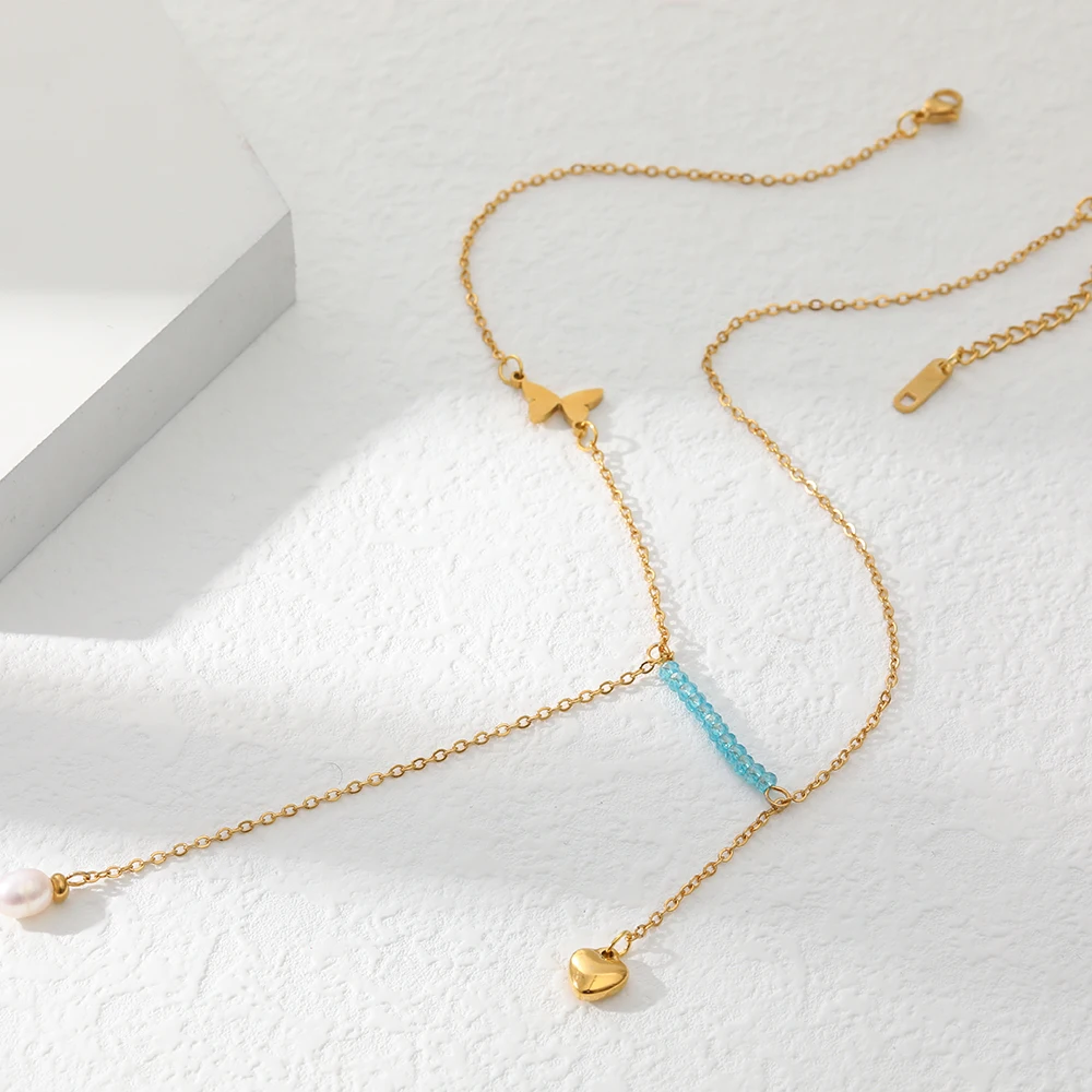 Fashion Pendant Blue Crystals Pearl Heart Necklace for Women Charm Butterfly Choker Necklaces Stainless Steel Jewelry Party Gift