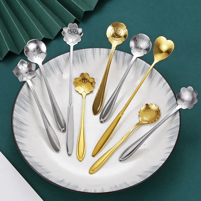 Stainless Steel Tea Spoon Dessert Spoon, Flower Cute Demitasse Scoop Coffee Teaspoon Set