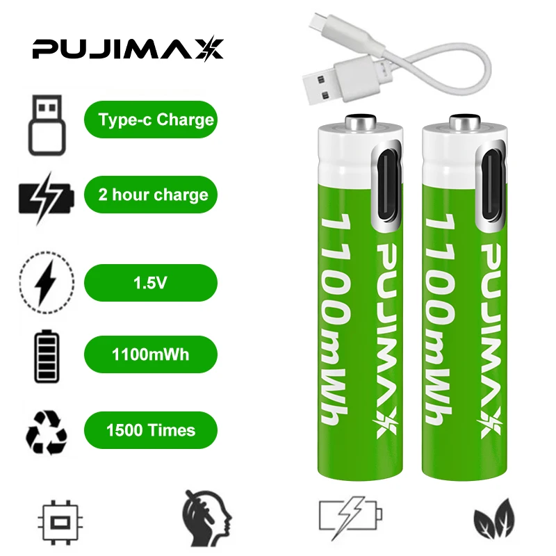 PUJIMAX  Type-C Rechargeable LI-ion Smart Chip Controller Battery set with 4 pcs 1100mwh Battery 3A 1.5V and 4 in 1 USB-C Cable