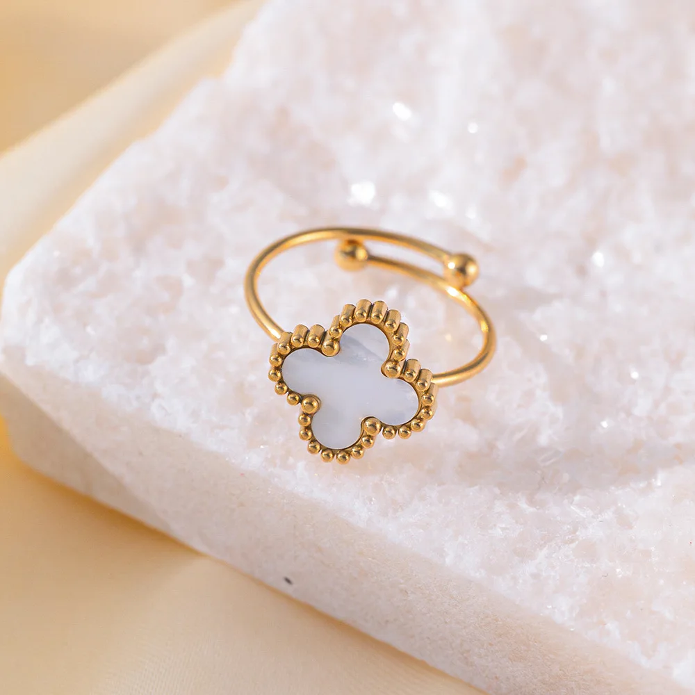 New 316L Stainless Steel Four Leaf Clover Adjustable Open End Ring 18K Gold Plated Fashion Versatile Design Sense Ring Wholesale