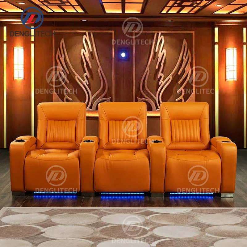 Italian Orange Leather Design Arm Chair Movie Modular Sofa L Shape Electric Adjustable Recliner Cinema Couch Bed Sofa Set