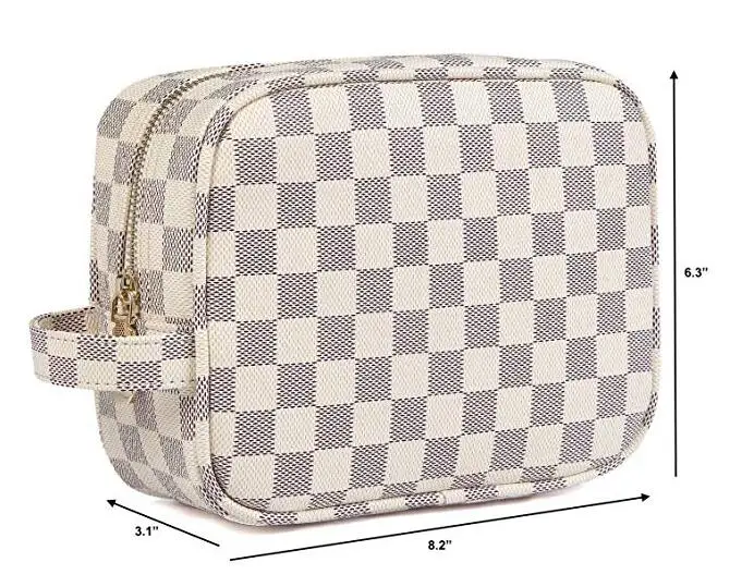 
Luxury Checkered Makeup handbags PU Leather Cosmetic Toiletry Travel bag for Woman 