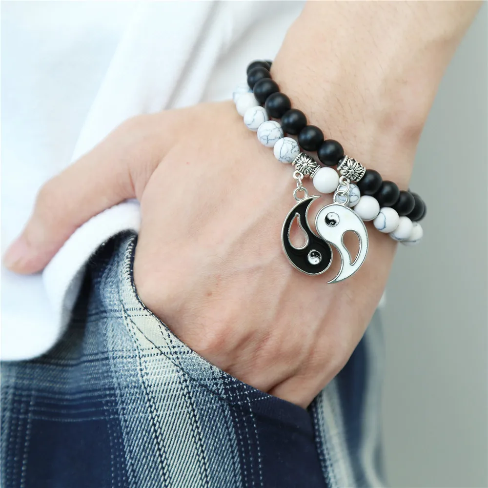 Kingcome Black Frosted White Turquoise Fengshui Bracelet Sets 2 Pieces Set Yin Yang Tai Chi Couple Beaded Bracelet Suit