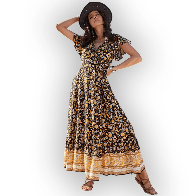 Casual Floral Print Bohemian Dresses Women Sexy A-Line Boho Long Dress Picnic Vacation Sunny Beach Chiffon Maxi Dresses