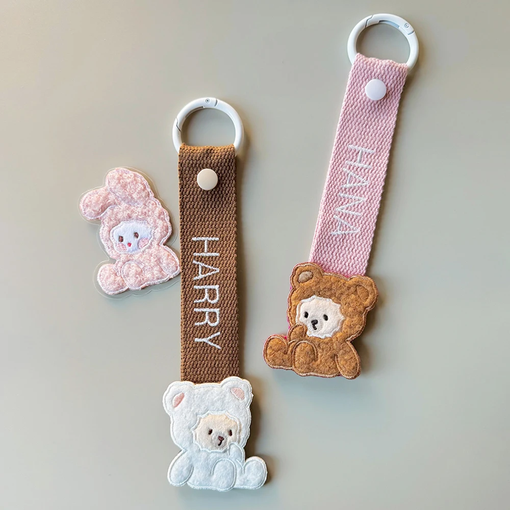 Custom Webbing Keychain Embroidered Initial Luggage Tag Pendant Gifts Keyring Kids Name Tag Bear Rabbit Theme Webbing Keychain