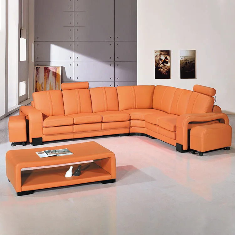 Living Room Furniture Set orange genuine leather big corner sofa L shape modular sectional sofa